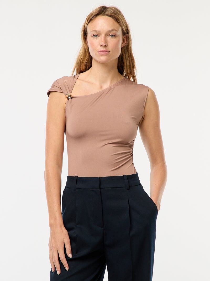 Camiseta con nudo y detalle de pedrería Beige - Kiabi