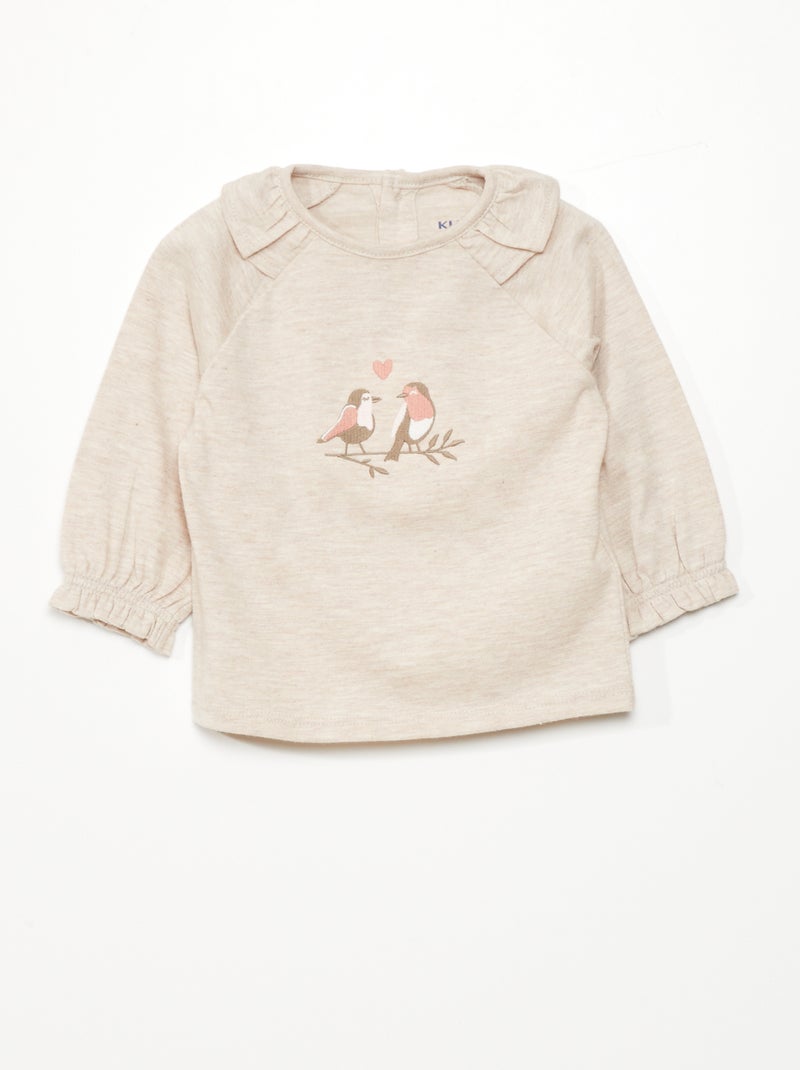 Camiseta con volante y pájaro bordado BEIGE - Kiabi