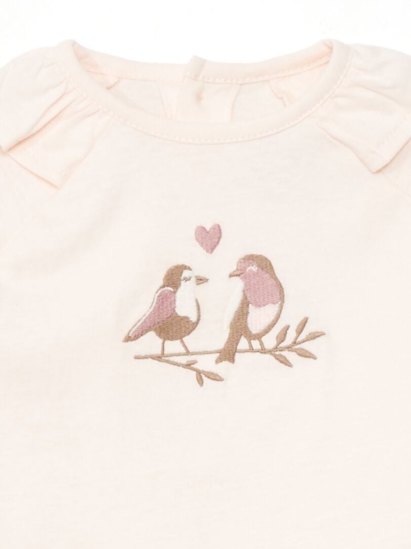 Camiseta con volante y pájaro bordado ROSA - Kiabi