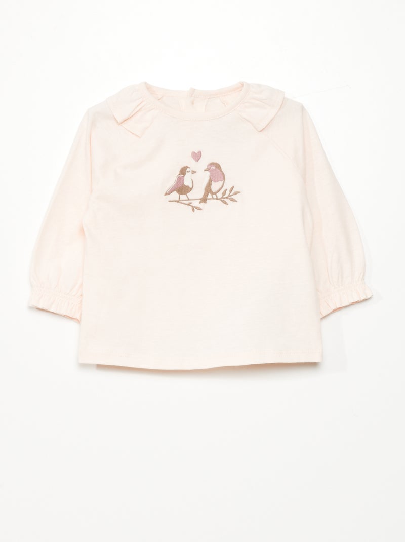 Camiseta con volante y pájaro bordado ROSA - Kiabi
