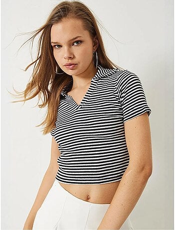 Camiseta corta ajustada a rayas con cuello de camisa lucci
