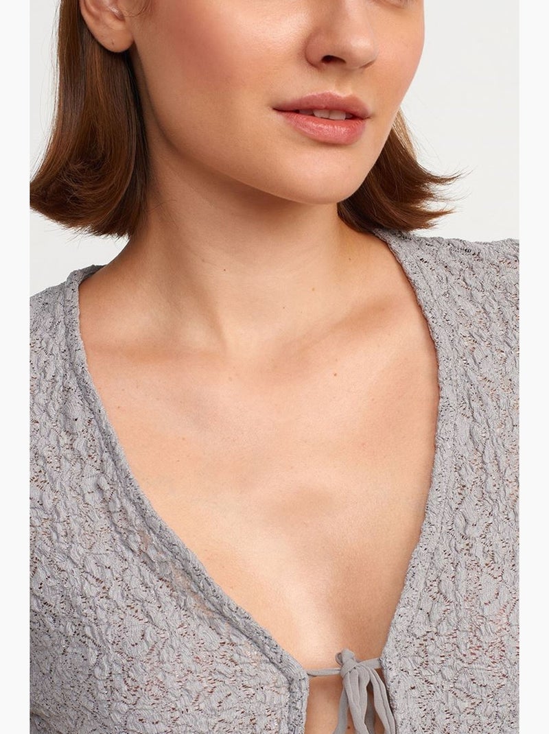 Camiseta corta ajustada encaje manga corta con lazo delante dilvin Gris claro - Kiabi