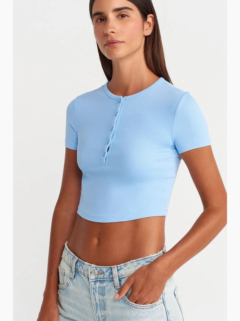 Camiseta corta ajustada manga corta con botones dilvin Azul cielo - Kiabi