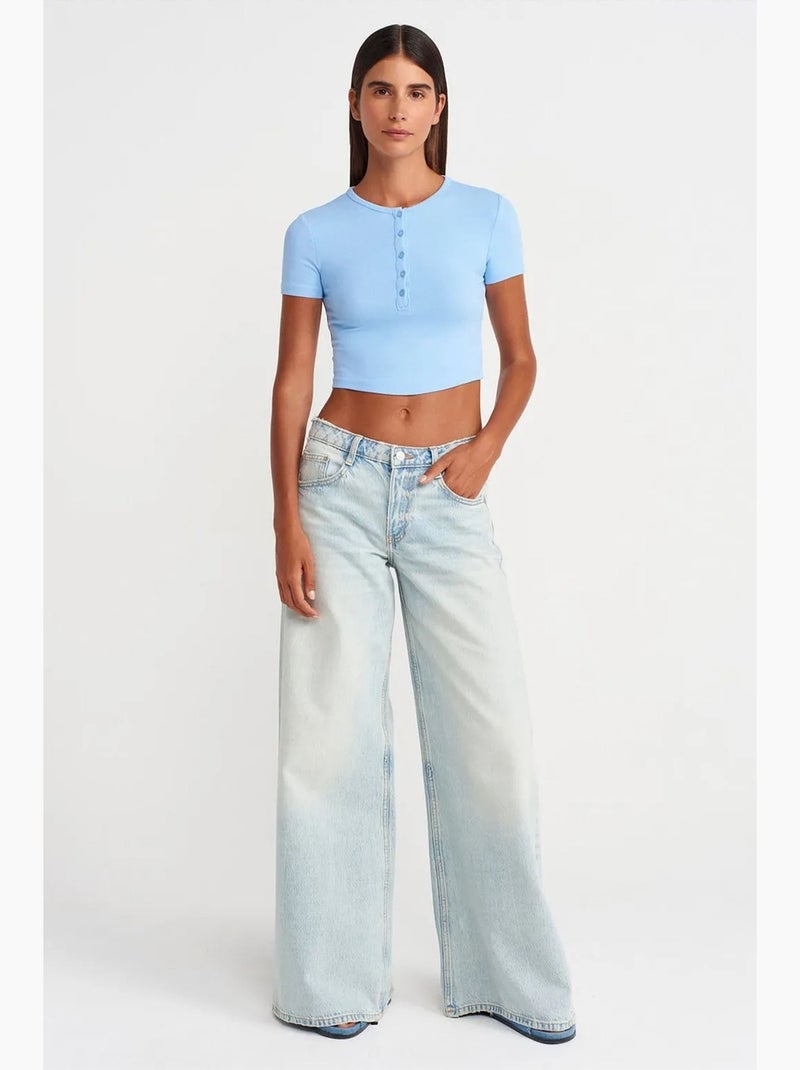 Camiseta corta ajustada manga corta con botones dilvin Azul cielo - Kiabi