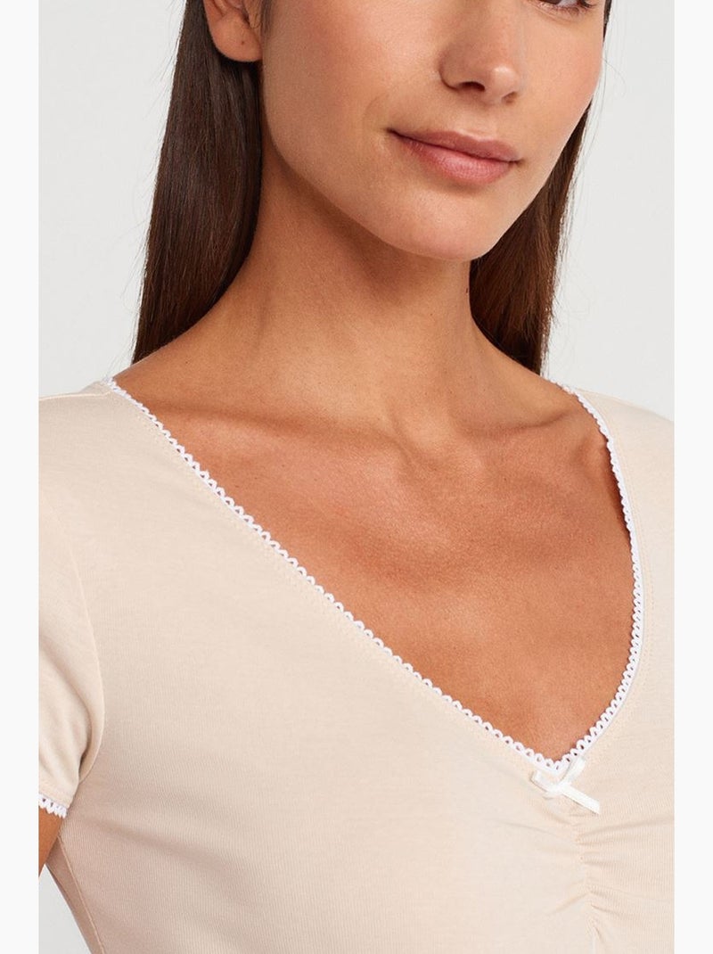 Camiseta corta algodón manga corta con volante dilvin Beige arcilla - Kiabi