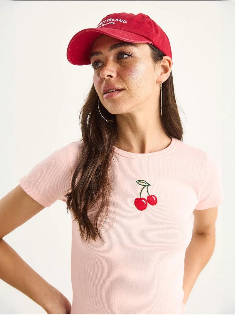 Camiseta corta básica acanalada con bordado de cerezas lucci Rosa claro - Kiabi