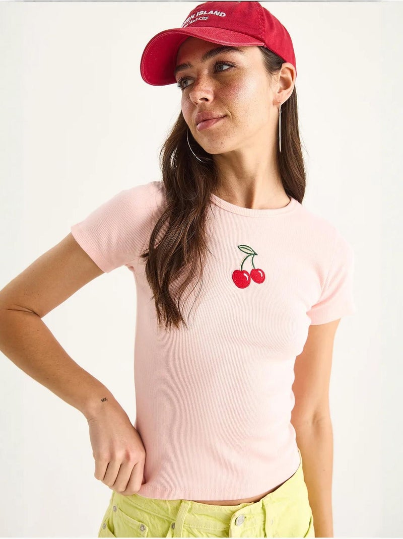 Camiseta corta básica acanalada con bordado de cerezas lucci Rosa claro - Kiabi