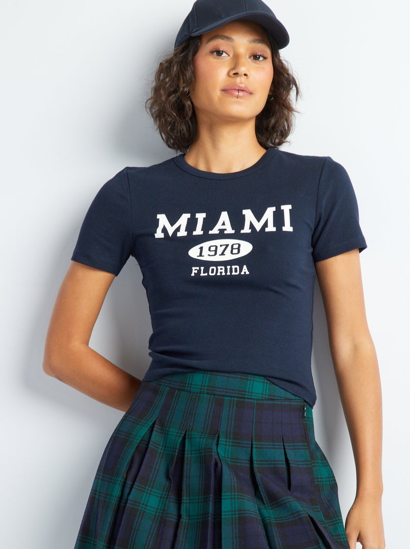 Camiseta corta con estampado estilo colegio AZUL - Kiabi