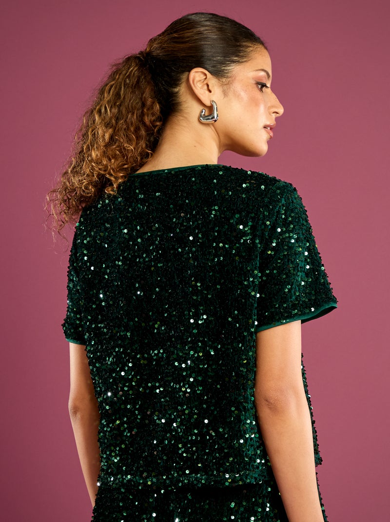 Camiseta corta con lentejuelas Verde - Kiabi