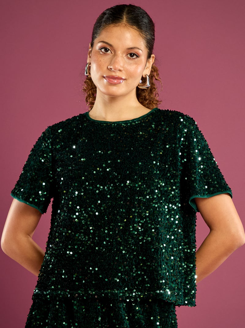 Camiseta corta con lentejuelas Verde - Kiabi