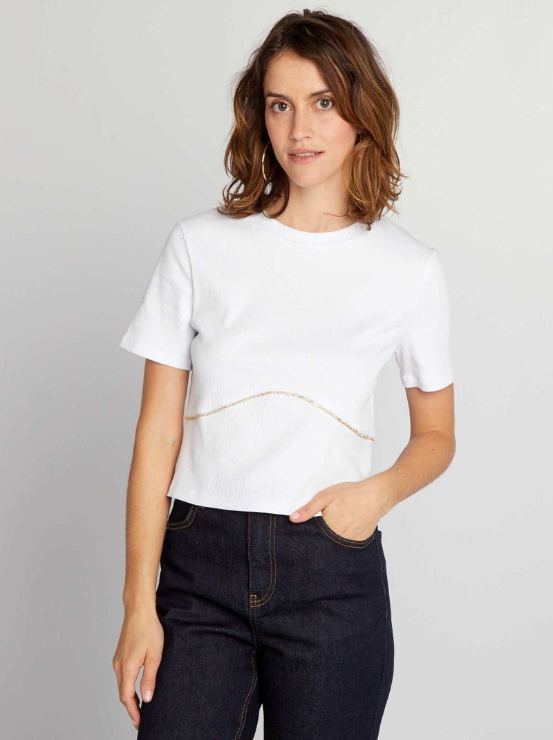 Camiseta corta con línea de strass BLANCO - Kiabi