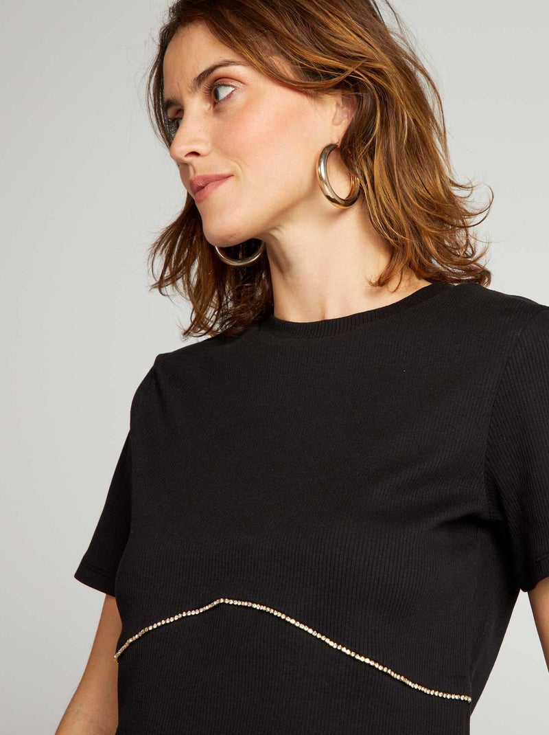 Camiseta corta con línea de strass NEGRO - Kiabi