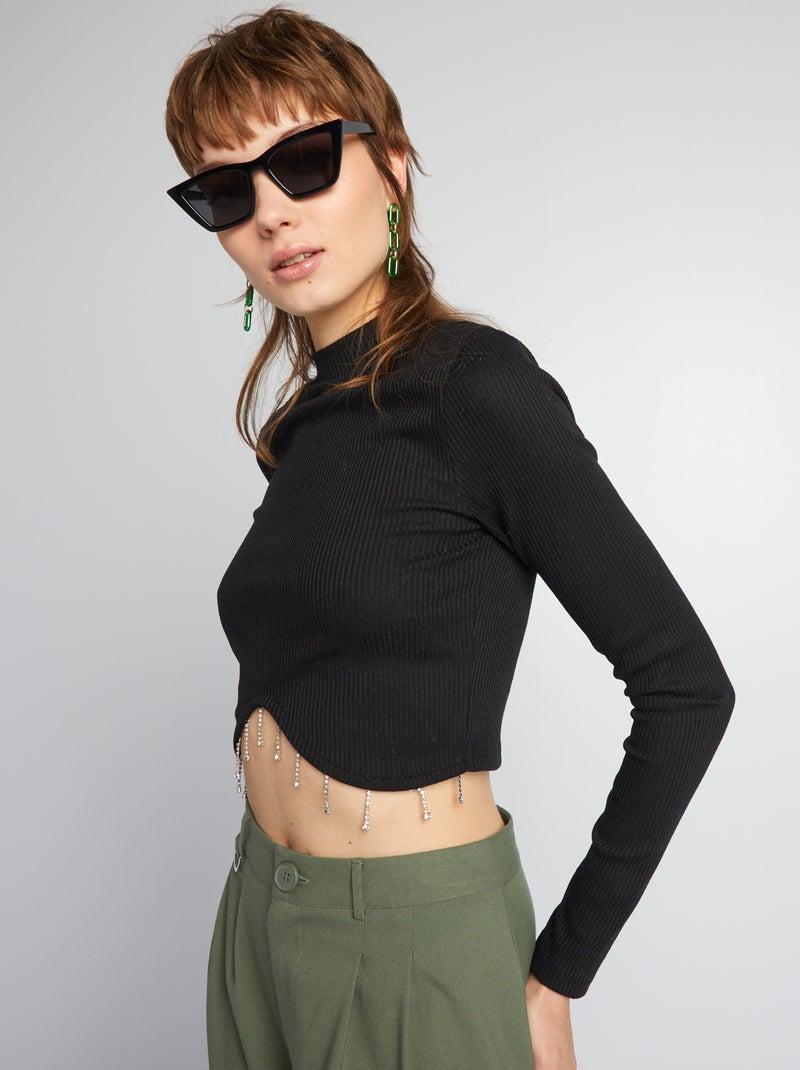 Camiseta corta con pedrería negro - Kiabi