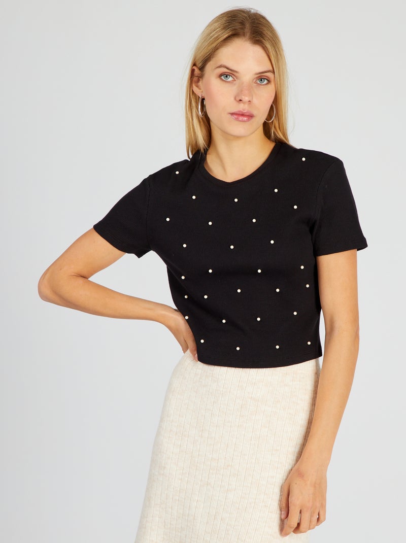 Camiseta corta con perlas negro - Kiabi
