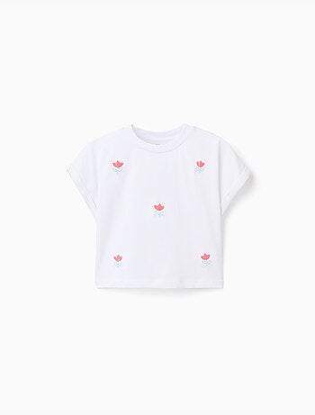 Camiseta corta de algodón con flores de lentejuelas