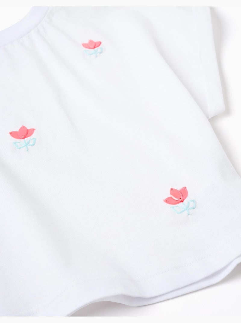 Camiseta corta de algodón con flores de lentejuelas Blanco - Kiabi
