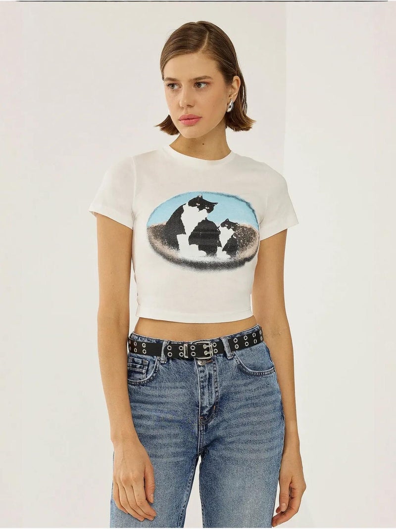 Camiseta corta de algodón estampada hiccup Blanco - Kiabi