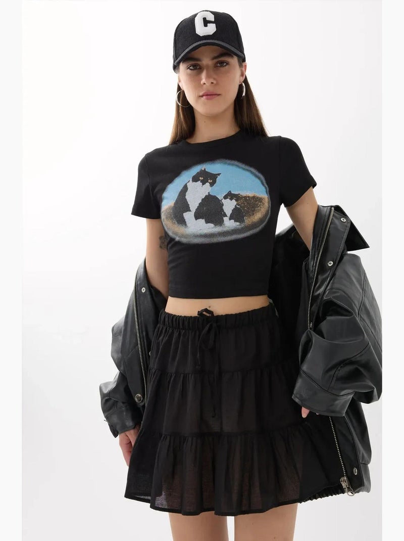 Camiseta corta de algodón estampada hiccup Negro - Kiabi