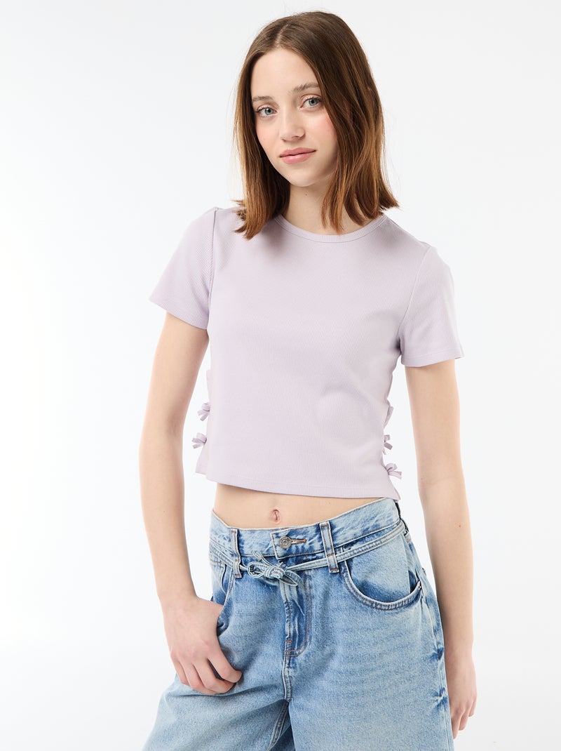 Camiseta corta de canalé con nudos Morado - Kiabi