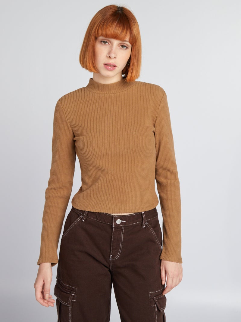 Camiseta corta de cuello alto de canalé MARRON - Kiabi