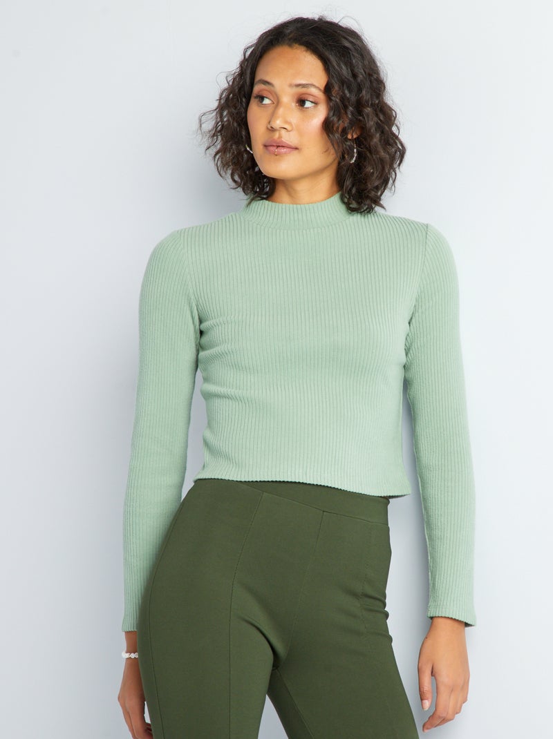 Camiseta corta de cuello alto de canalé VERDE - Kiabi