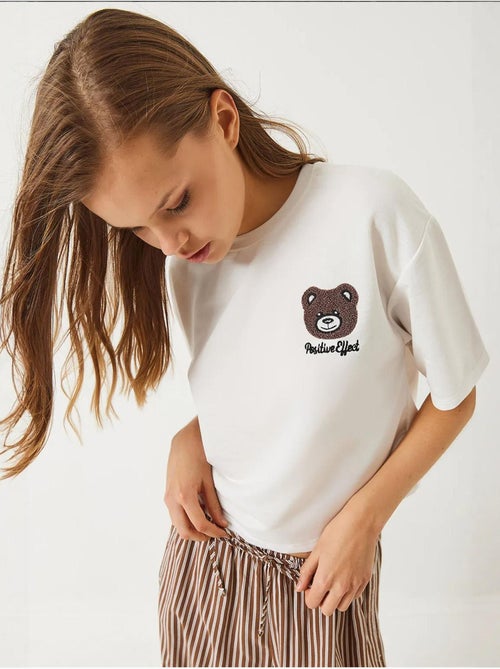Camiseta corta de jersey con bordado de osito de peluche lucci - Kiabi