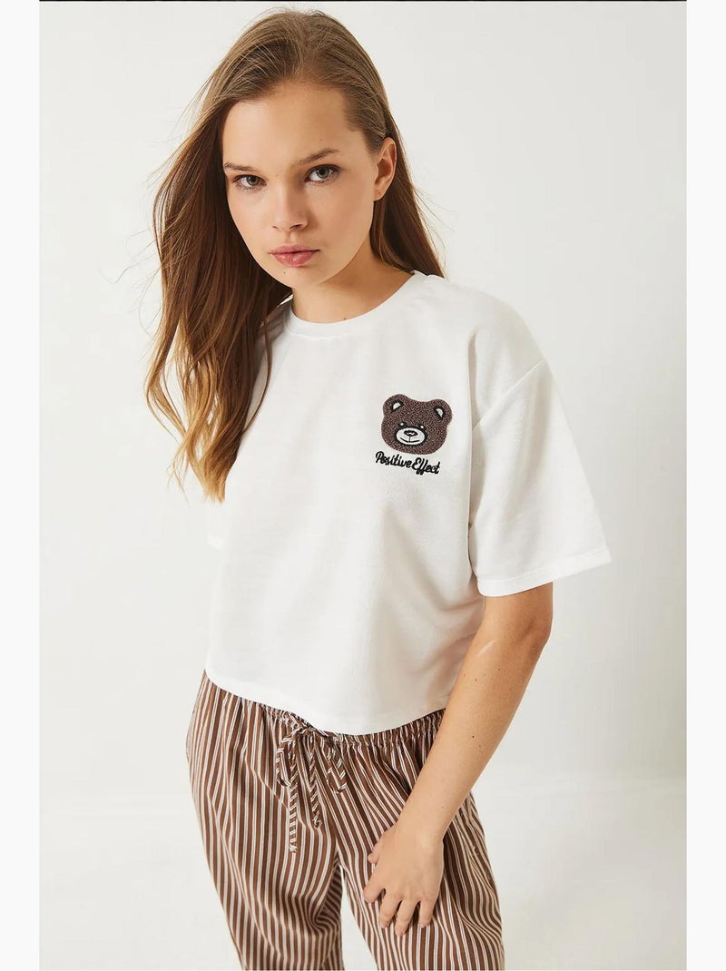 Camiseta corta de jersey con bordado de osito de peluche lucci Blanco - Kiabi