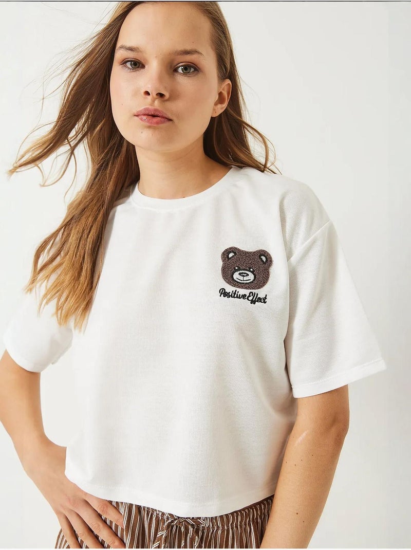 Camiseta corta de jersey con bordado de osito de peluche lucci Blanco - Kiabi