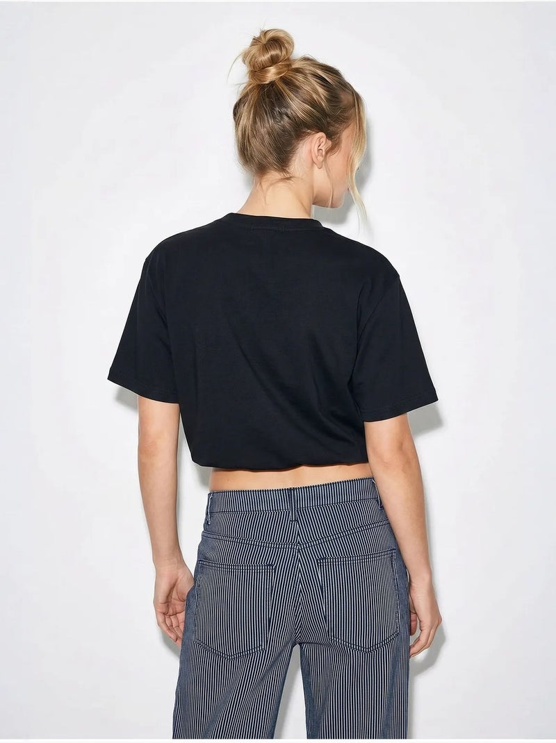 Camiseta corta de mujer de cuello redondo lucci Negro - Kiabi