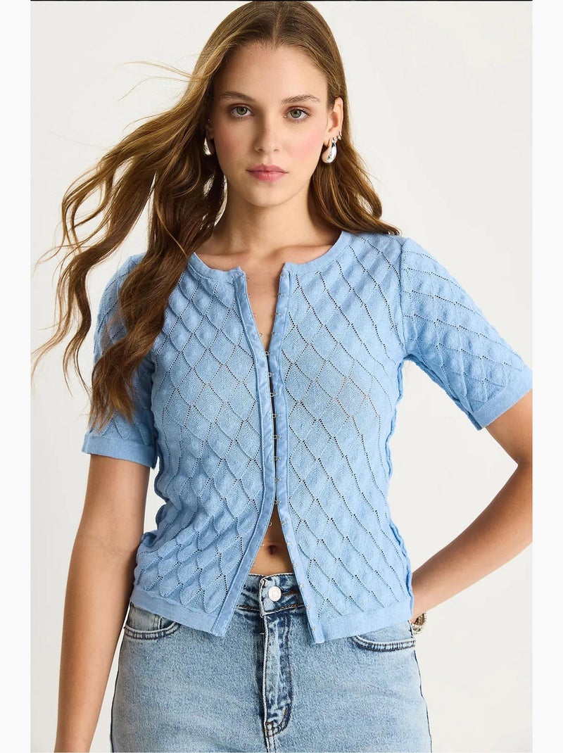 Camiseta corta escote pico botones mezcla algodón texturizada lucci Azul cielo - Kiabi