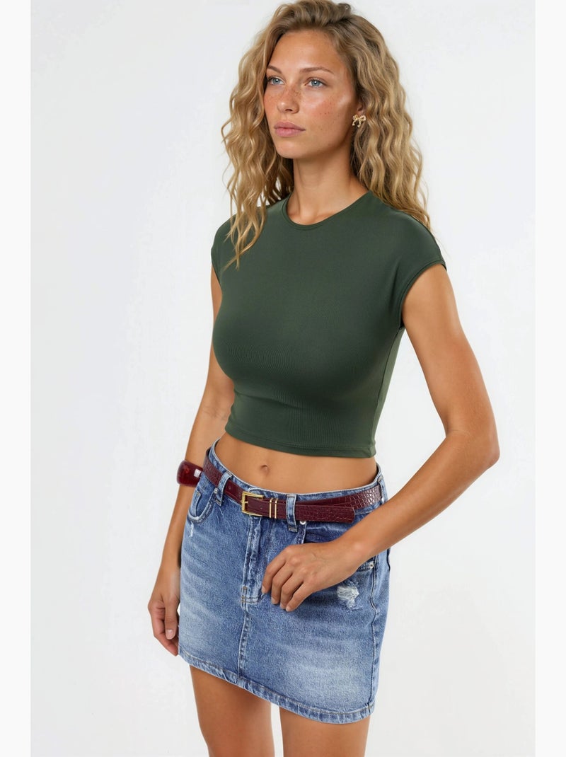 Camiseta corta lisa con cuello redondo busem Caqui - Kiabi