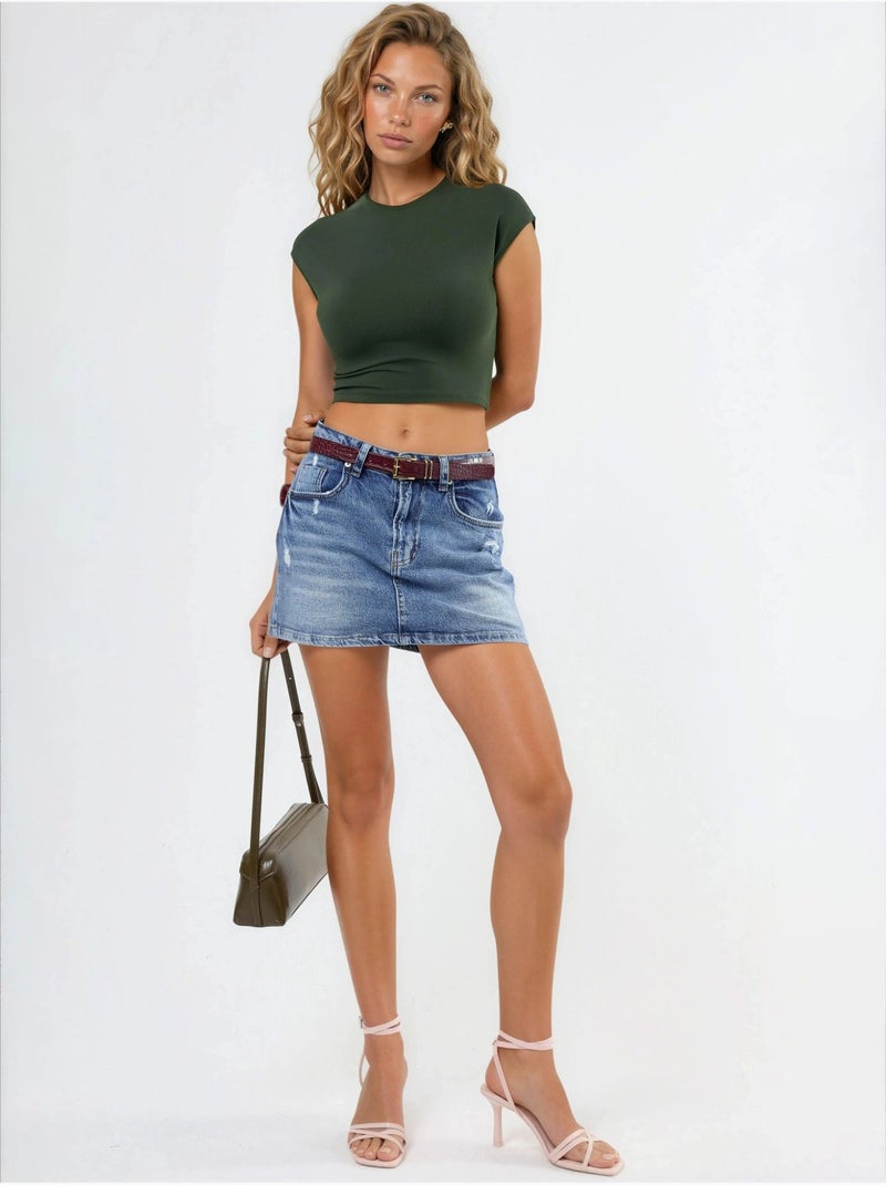 Camiseta corta lisa con cuello redondo busem Caqui - Kiabi