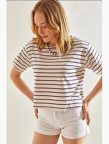 Camiseta crop boxy a rayas con cuello redondo lucci