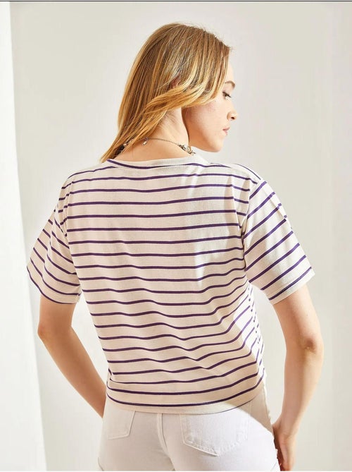 Camiseta crop boxy a rayas con cuello redondo lucci - Kiabi