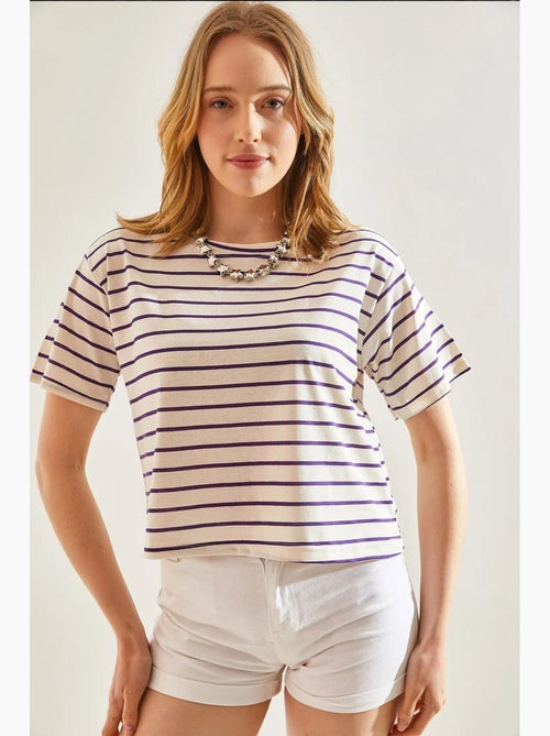 Camiseta crop boxy a rayas con cuello redondo lucci - Kiabi