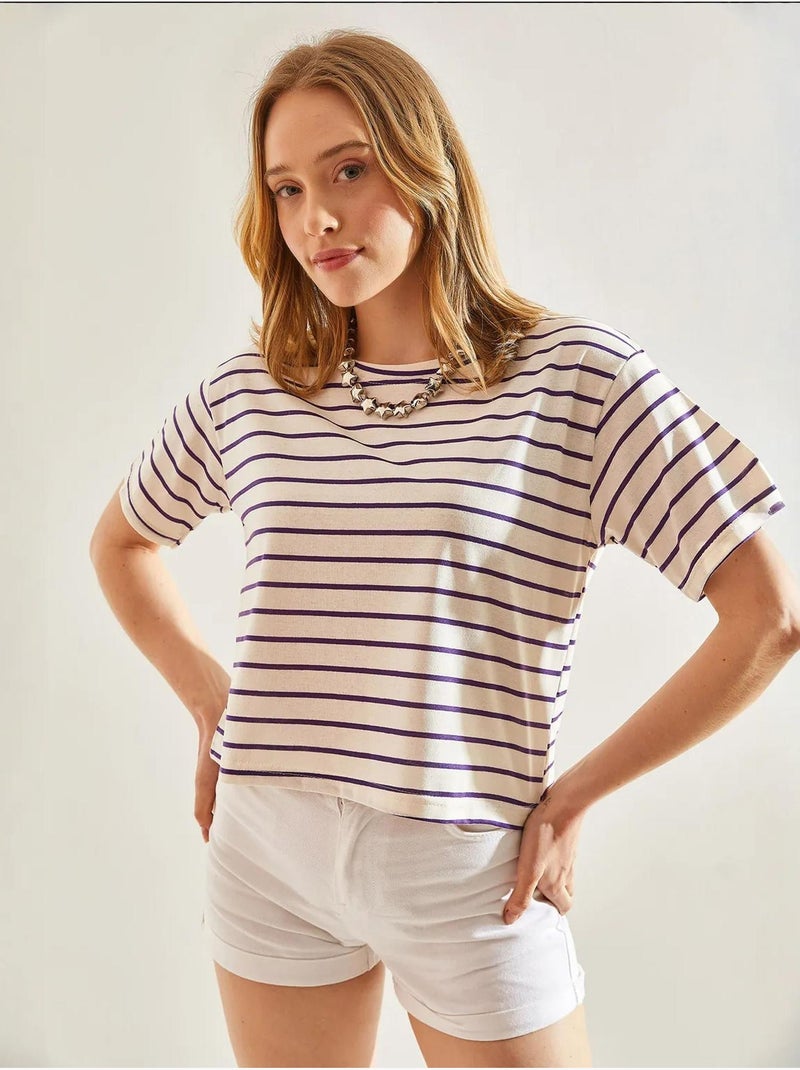Camiseta crop boxy a rayas con cuello redondo lucci Violeta berenjena - Kiabi