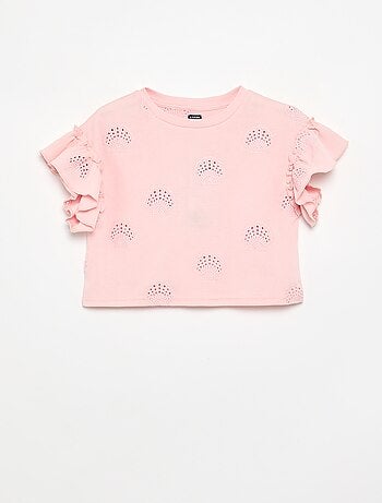 Camiseta crop con bordado inglés