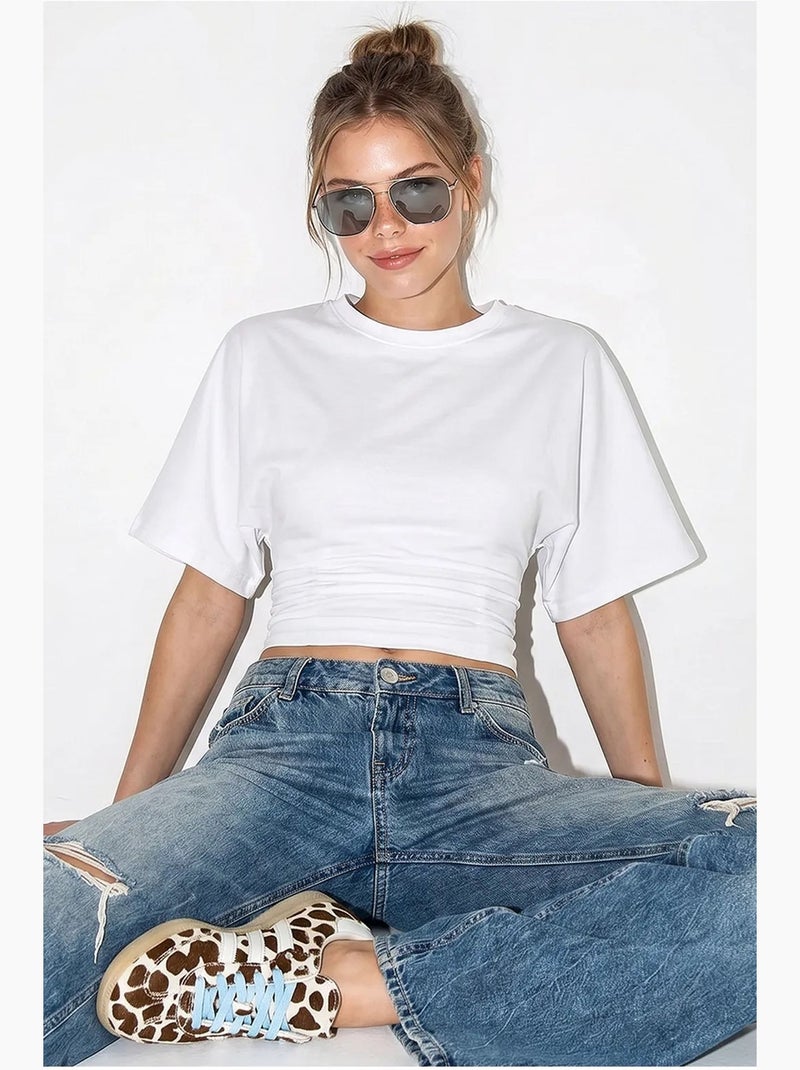 Camiseta crop de mujer de cuello redondo lucci Blanco - Kiabi