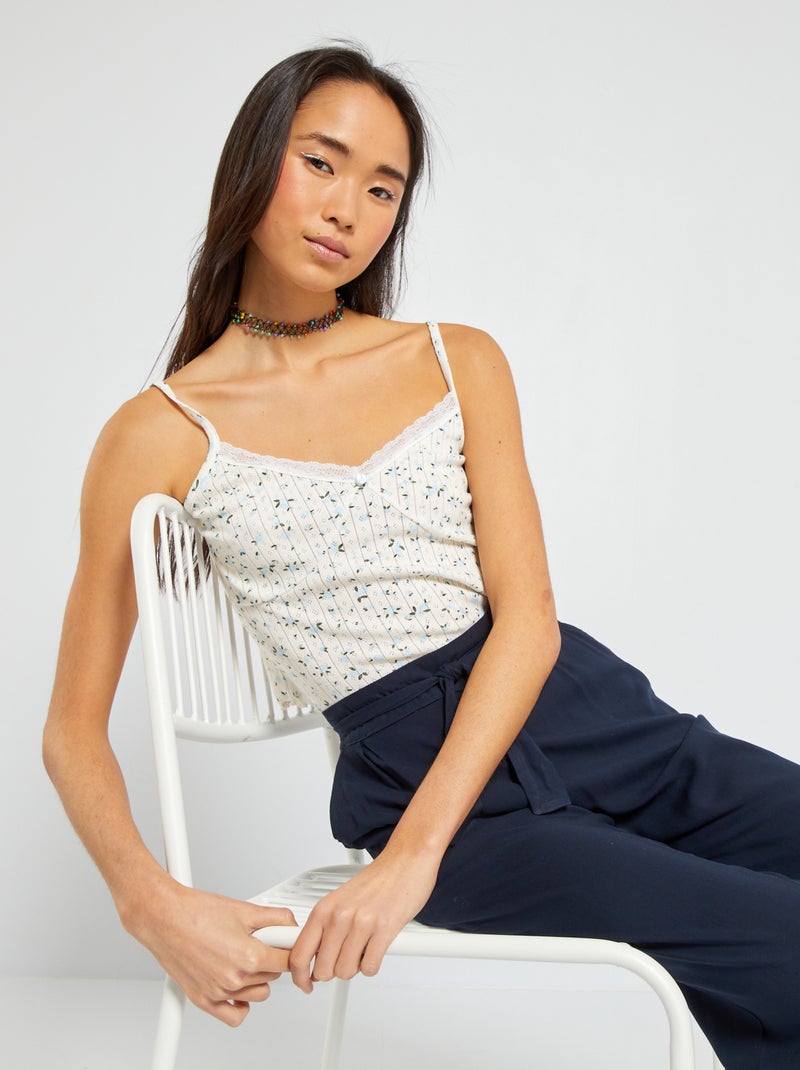 Camiseta crop de tirantes de punto pointelle Blanco/azul - Kiabi