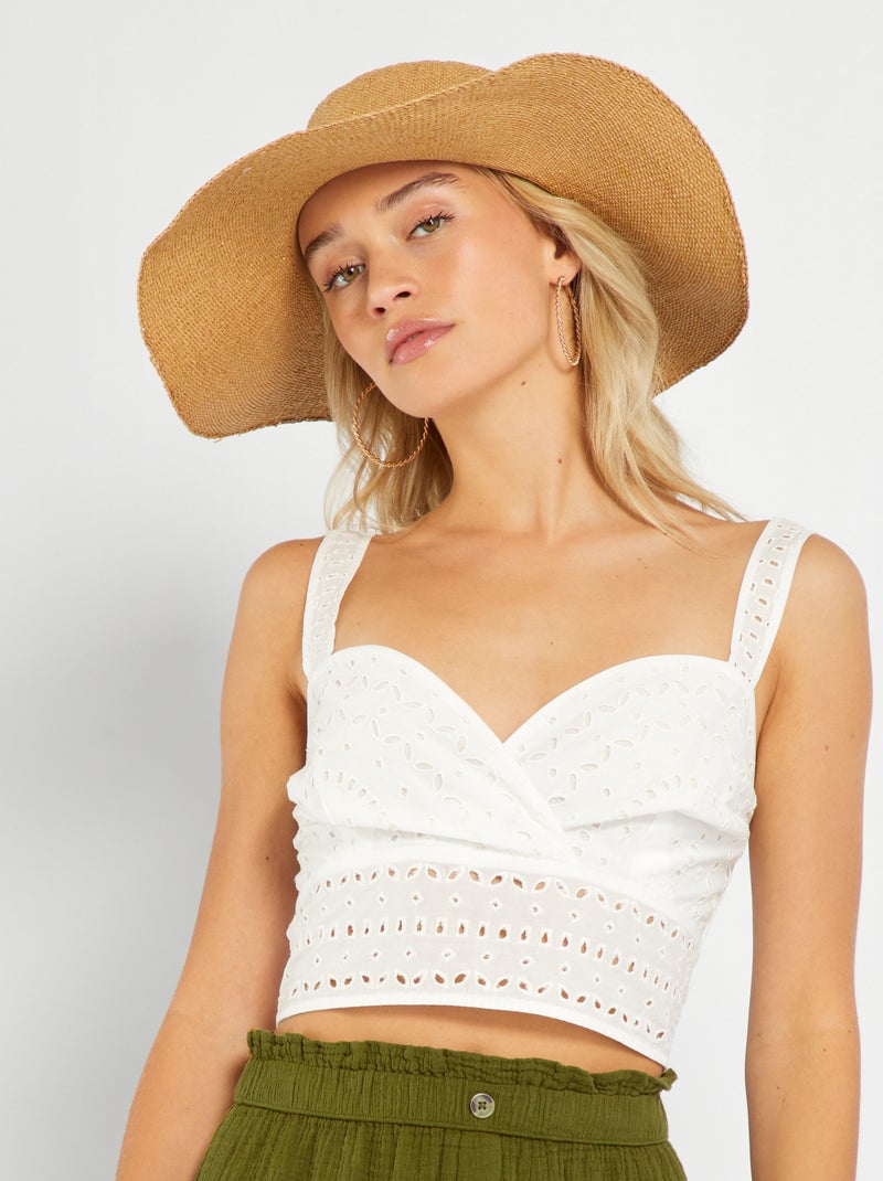 Camiseta crop top de bordado inglés Blanco - Kiabi
