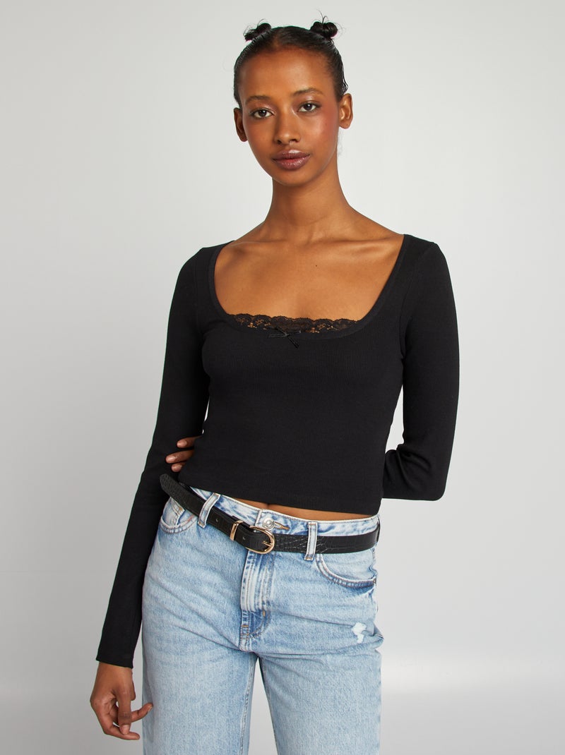 Camiseta crop top de manga larga de canalé negro - Kiabi