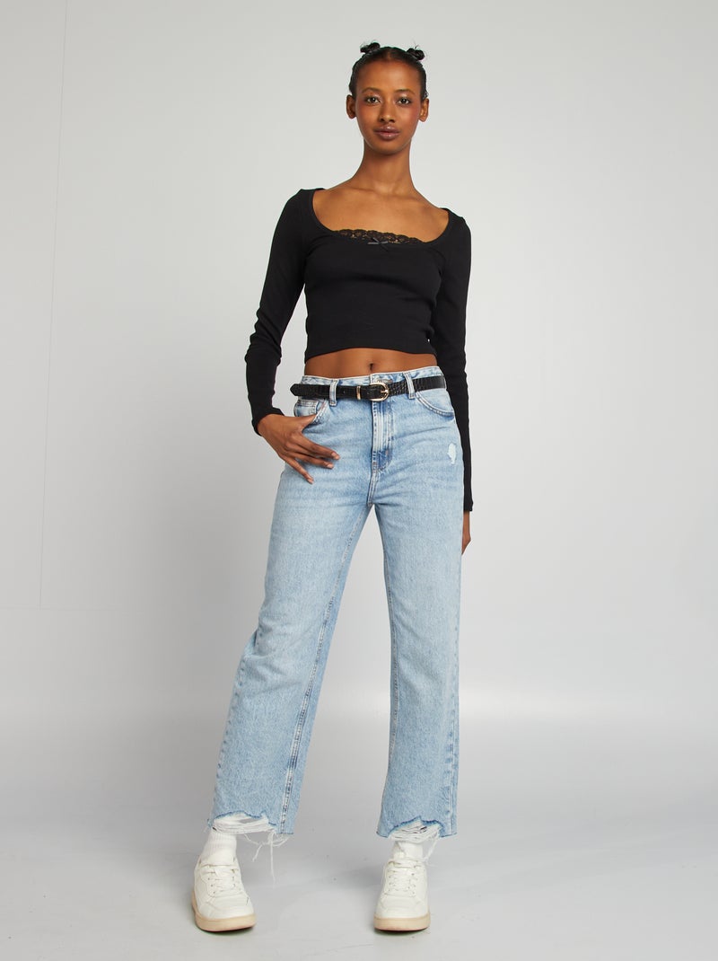 Camiseta crop top de manga larga de canalé negro - Kiabi