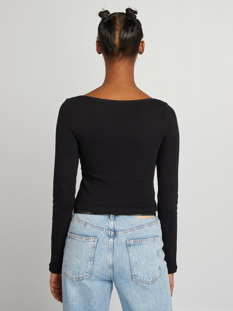 Camiseta crop top de manga larga de canalé negro - Kiabi