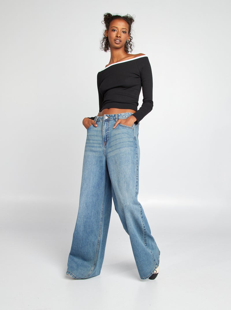 Camiseta cropped con cuello bardot NEGRO - Kiabi