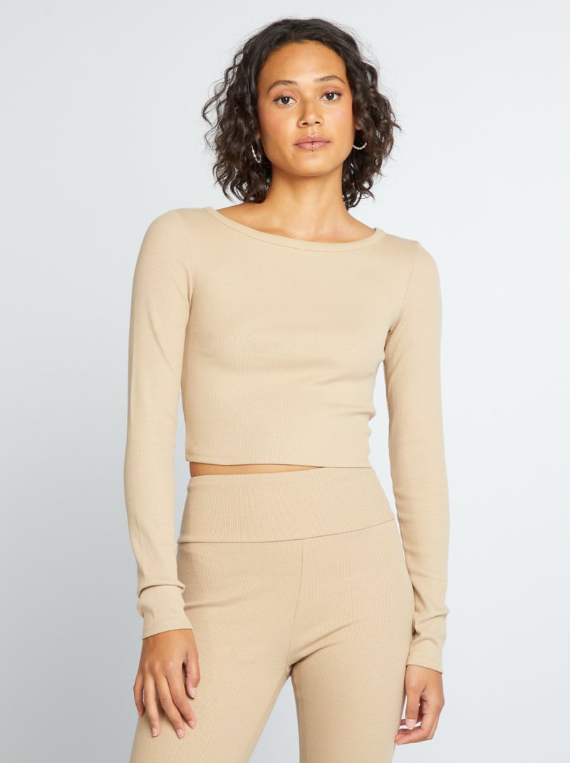 Camiseta cropped de canalé BEIGE - Kiabi