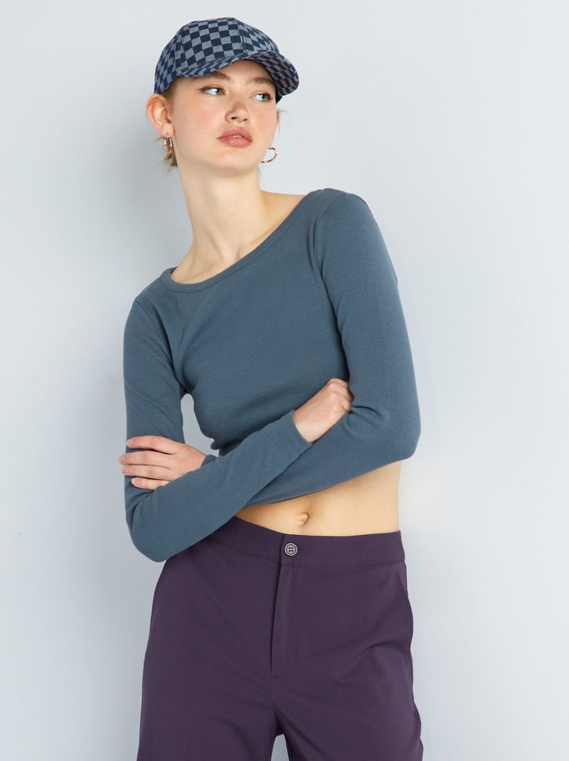 Camiseta cropped de canalé GRIS - Kiabi