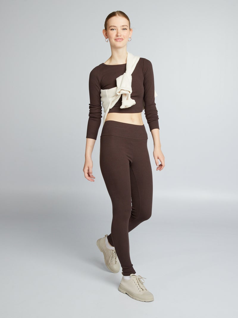 Camiseta cropped de canalé MARRON - Kiabi