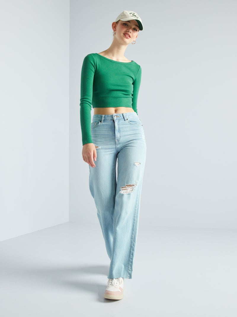Camiseta cropped de canalé VERDE - Kiabi