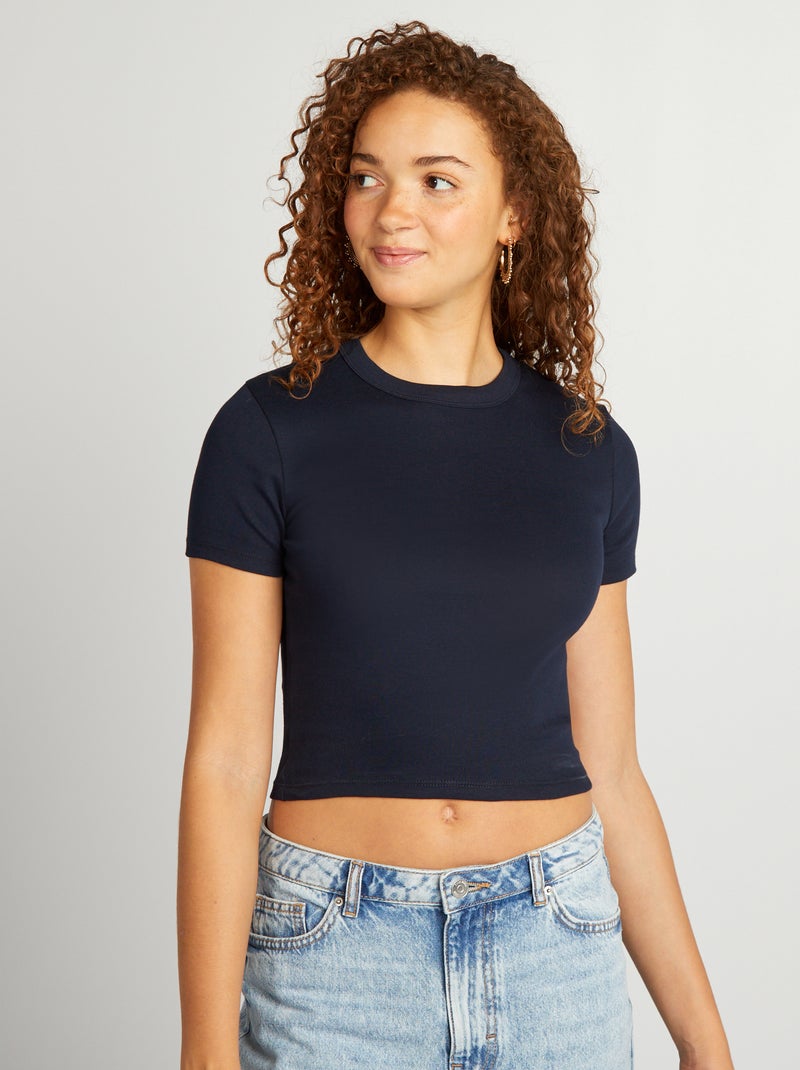 Camiseta cropped de manga corta azul - Kiabi