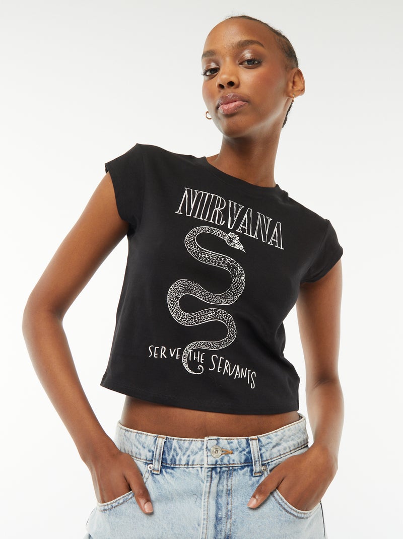 Camiseta cropped de manga corta estampado 'Nirvana' negro - Kiabi